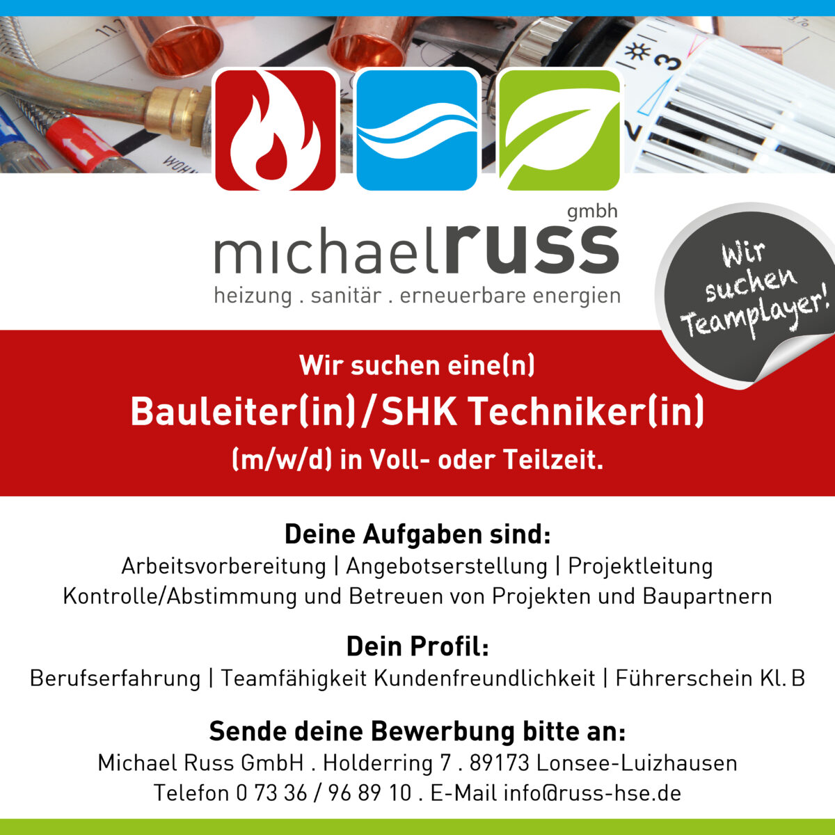 Michael Russ sucht Bauleiter SHK Techniker